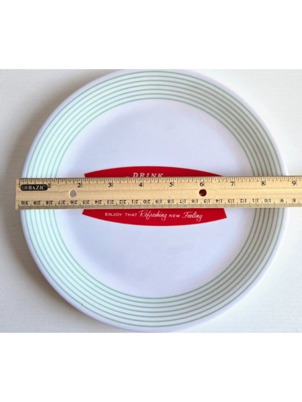 COCO COLA~ 9 in Round Melamine Dessert Plates Set of 4 ~ 7 Green Stripes on Rim - Picture 4 of 6